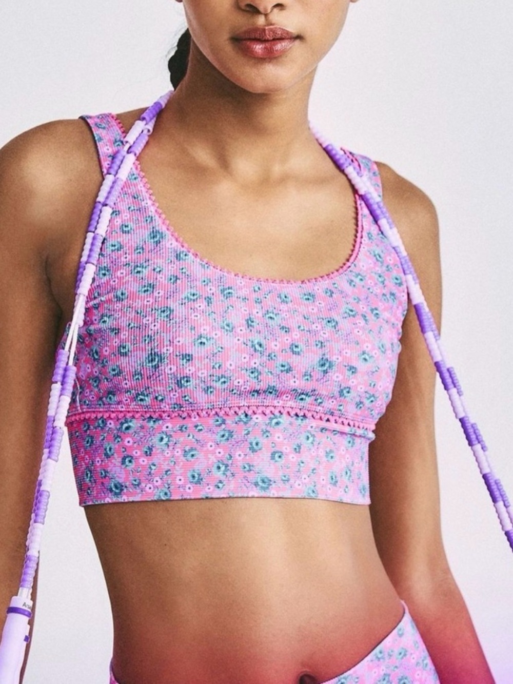 LoveShackFancy Pink Floral Ribbed Scoop Bralette